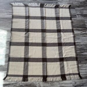 Vintage Faribo Wool Brown Tan Plaid Throw Blanket  Fringe 54X46 In Fall
